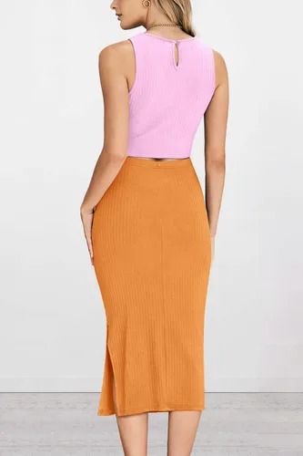 Vista 5 de PRETTYGARDEN Conjunto de 2 piezas de verano para mujer, cuello redondo, sin mangas, con abertura, falda midi