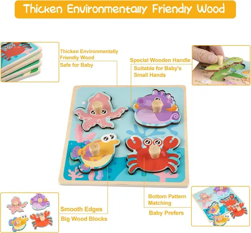 Vista 8 de Rompecabezas de madera para niños pequeños – 4 piezas de patrones de animales ecológicos con asas – Aprendizaje de habilidades motoras finas