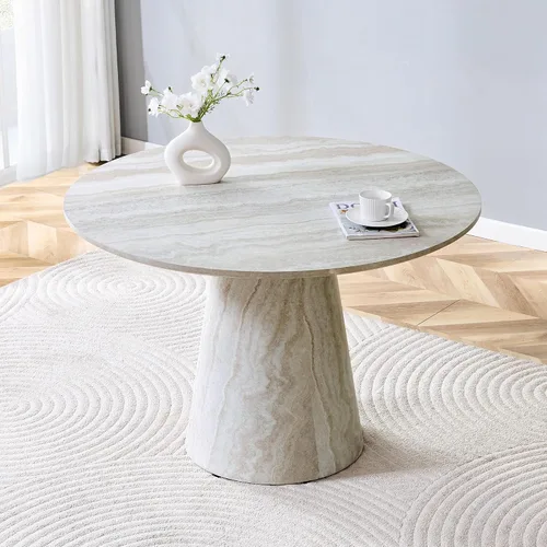 Vista 7 de Mesa de comedor redonda de 45 pulgadas, mesa de comedor redonda con pedestal para 4 One-Piece Round Tabletop, Faux Marble-Look, Stable Pedestal
