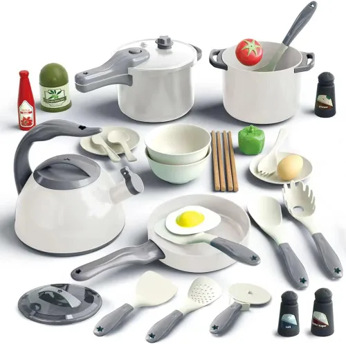 Vista 12 de Bruvoalon Juego de 32 juguetes de cocina para niños, accesorios de cocina con ollas, sartenes, utensilios de cocina, alimentos, verduras enlatadas