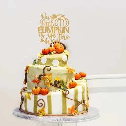 Vista 5 de Decoración para tartas con purpurina dorada, «Our Little Pumpkin is on the Way», «Sweet Little Pumpkin/A Little Pumpkin is on the Way», decoración