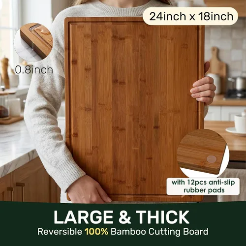 Vista 6 de Kikcoin Tablas de cortar de bambú carbonizado profundo de 17 x 11 pulgadas para cocina, tablas de cortar de madera saludable para cocina, embutidos