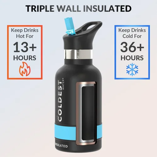Vista 2 de Coldest - Botella para agua con tapa que incluye pajilla, térmica y metálica (acero inoxidable), para hombres y mujeres, color negro