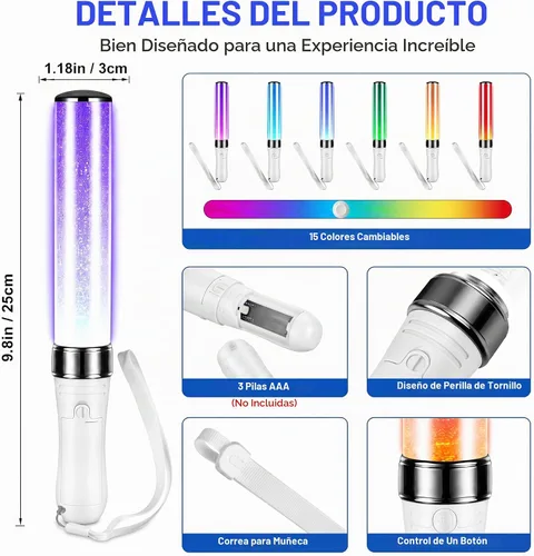 Vista 2 de Lewtemi - Palillos luminosos LED para concierto, 15 colores, reutilizables, 1 unidad Palillo de concierto reutilizable J-pop, modo manual