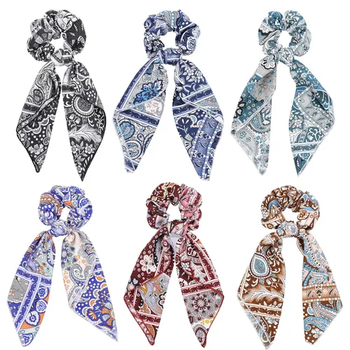 Vista 5 de Bufanda para el cabello, coleta de caballo con 6 bufandas, estampado de flores de cachemira, material de gasa, para mujeres y niñas, accesorios