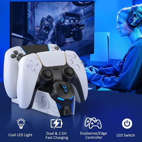 Vista 5 de KICKDOT Accesorios para controlador PS5 Estación de carga para controlador Dua-SenseEdge, estación de carga para controlador PS5 incl. Base de carga