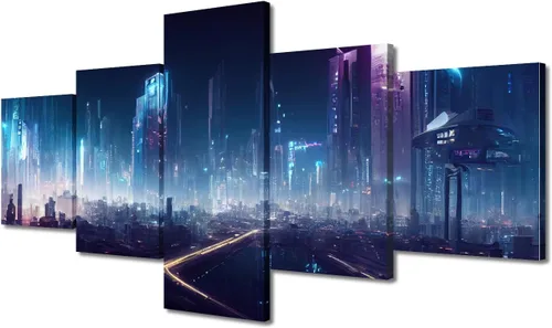 Vista 333 de Cuadros de 5 paneles de Cyberpunk City, arte de pared, representación de vallas publicitarias, edificios modernos en la capital con obras de arte