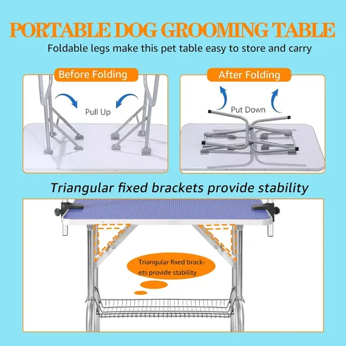 Vista 4 de Mesa profesional de aseo para perros y mascotas, ajustable, resistente, portátil, con brazo y lazo y bandeja de malla (42 pulgadas, azul)