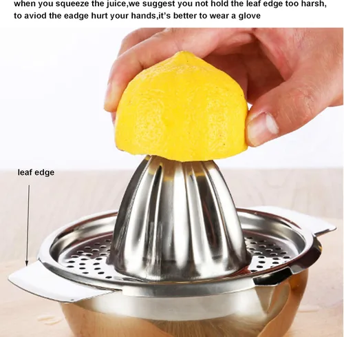 Vista 5 de Exprimidor de limón de acero inoxidable Exprimidor de cítricos Prensa de mano Herramienta de exprimir jugo de naranja con recipiente