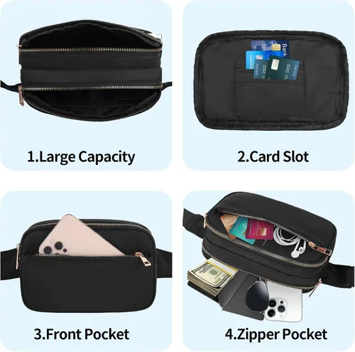 Vista 3 de Riñonera de moda para mujer con correa ajustable para viajes, correr, senderismo, caminar, 3-Cremallera Negro, 1 paquete de cangurera de 3