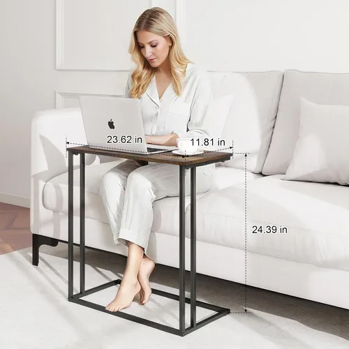 Vista 3 de Mesa auxiliar en forma de C con parte superior de madera marrón rústica, mesa auxiliar para sala de estar Slides Under Couch with Adjustable Feet
