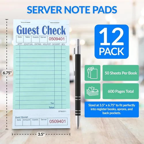 Vista 2 de Reli. Bloc de notas de servidor (paquete de 12, 50 hojas/bloc) Libros de cheques de invitados para servidores Bloc de notas para camarera, pedidos