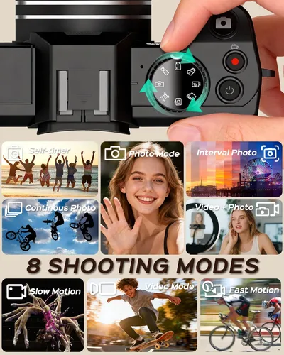 Vista 6 de Cámara digital 5K para fotografía con WiFi 48MP cámara de vlogging para principiantes con pantalla abatible, gran angular y lente macro, micrófono