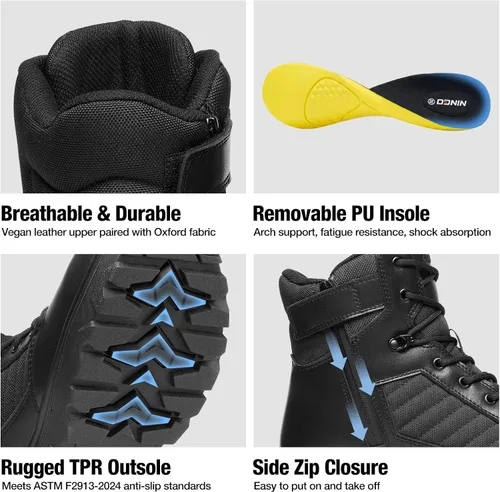Vista 5 de NINGO Botas con punta de acero para hombre, botas de trabajo militar Negro