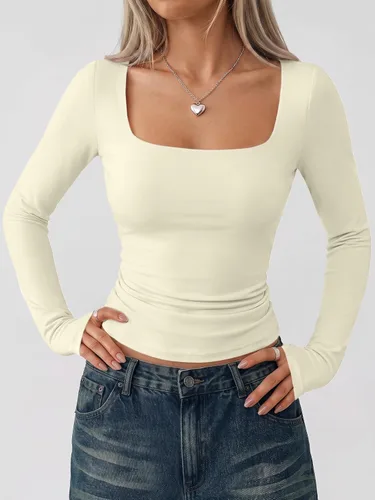 Vista 2 de Trendy Queen - Camisas ombligueras para mujer, manga larga, cuello cuadrado, básicas, para salir, de invierno, Y2K Albaricoque