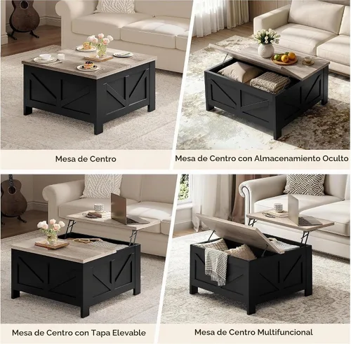 Vista 4 de Yaheetech - Mesa de centro con superficie superior abatible con almacenamiento, mesa de café cuadrada para sala de estar, mesas centrales de 31.5