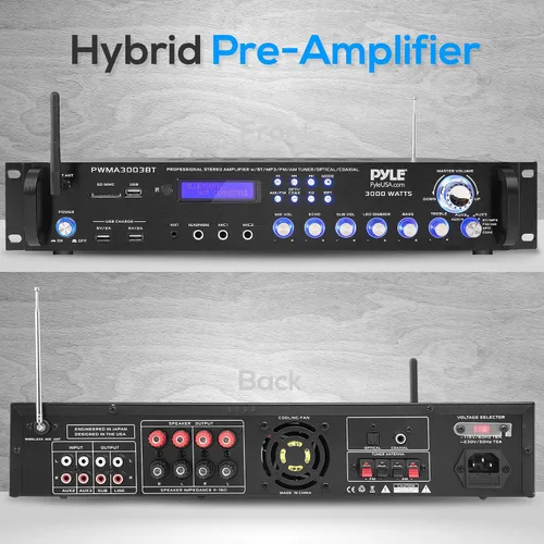 Vista 2 de Altavoz amplificador híbrido Bluetooth de 3000 W, preamplificador de alta potencia con 2 micrófonos de mano inalámbricos VHF, lectores