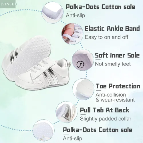 Vista 6 de Tenis unisex de piel sintética de alta calidad para bebé, suela antideslizante suave, para recién nacidos, zapatos de casa para cuna