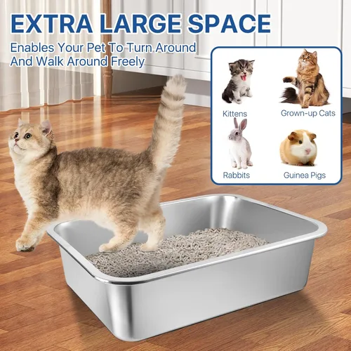 Vista 3 de Caja de arena de acero inoxidable para gatos, caja de arena grande de 16 x 12 x 4, sartén antiadherente para gatos con cuchara de arena de metal