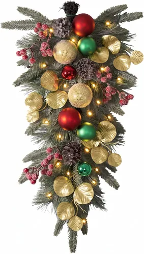 Vista 11 de Valery Madelyn Red Gold Christmas Teardrop Swag Decoration with Lights Rojo dorado