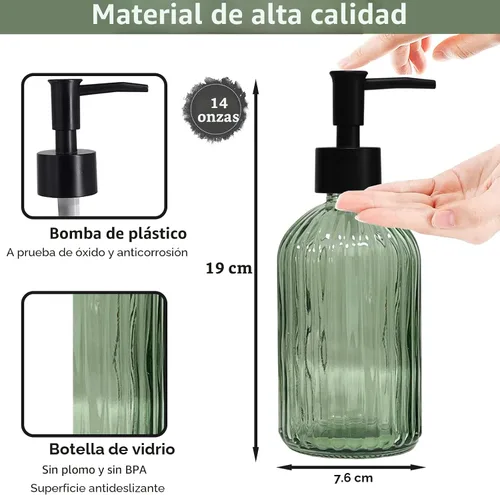 Vista 2 de Juego de dispensador de jabón de vidrio verde con bomba negra, dispensador de jabón líquido para manos recargable de 13.5 onzas, dispensador