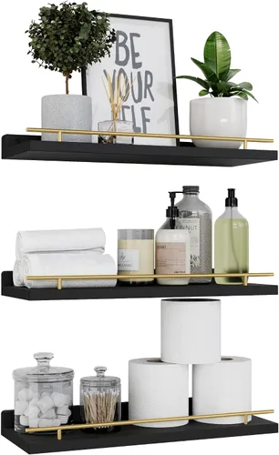 Vista 14 de WOPITUES Estantes flotantes con barandilla de metal negro, estantes para decoración de pared, juego de 3, estantes de pared para dormitorio, baño