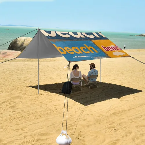 Vista 7 de Póster vintage de playa plegable para playa, protección UPF50+, impermeable, sombra refugio solar con bolsas de arena, pala de arena, postes