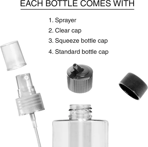 Vista 3 de VViViD Botellas vacías de plástico transparente sin BPA de 4 onzas con tapa giratoria, tapa de pulverización de niebla y tapa de boquilla abatible