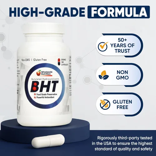 Vista 6 de Wholesale Nutrition BHT - 250 mg Potente antioxidante - Sin OMG, sin gluten - Mejora la conservación de aceite/grasa - Hidroxitolueno butilado puro