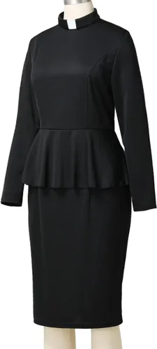 Vista 5 de FAD-4U Vestido del clero de la iglesia para mujer, Ministra de manga larga con volantes, vestido de lápiz delgado con lengüeta y cuello alto