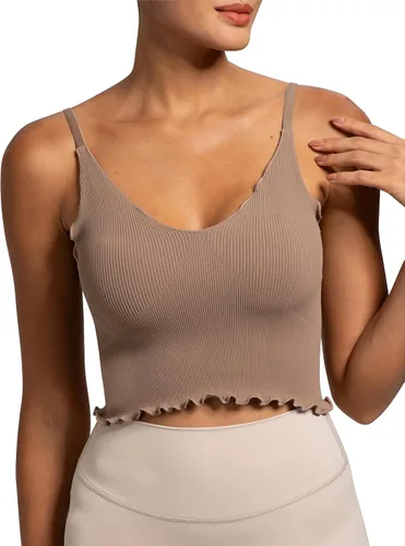 Vista 4 de Sunzel Womens Seamless Tank Tops V Neck Ribbed Cropped Tops with Ruffles and Adjustable Straps for Workout Yoga