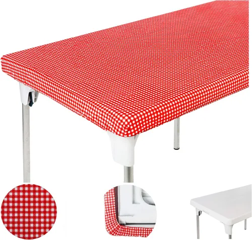 Vista 7 de TopTableCloth Mantel de vinilo de plástico con reverso de franela, 2 unidades, 6 pies, 72 x 30 pulgadas, mantel a cuadros rojos y blancos, esquina