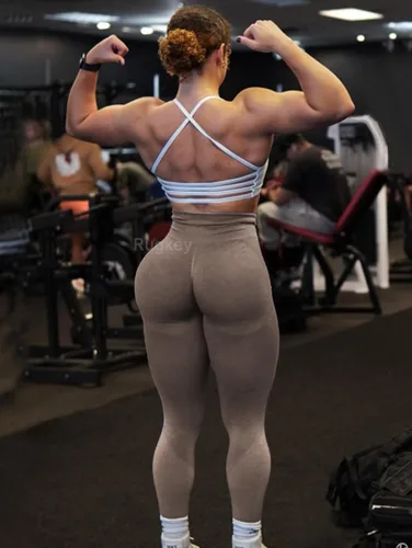 Vista 2 de Rugkey Pantalones de yoga sin costuras para mujer, cintura alta, levantamiento de glúteos, leggings de contorno de sonrisa, mallas atléticas