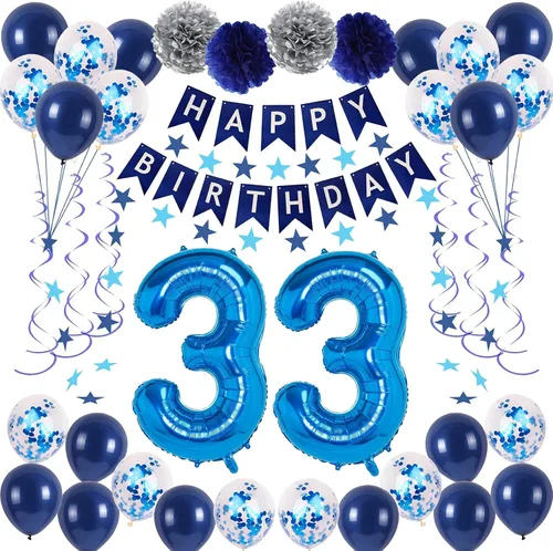 Vista 13 de Decoraciones de fiesta de cumpleaños azul número 29 para hombres y mujeres, suministros de globos de feliz cumpleaños 29 con pancarta de feliz