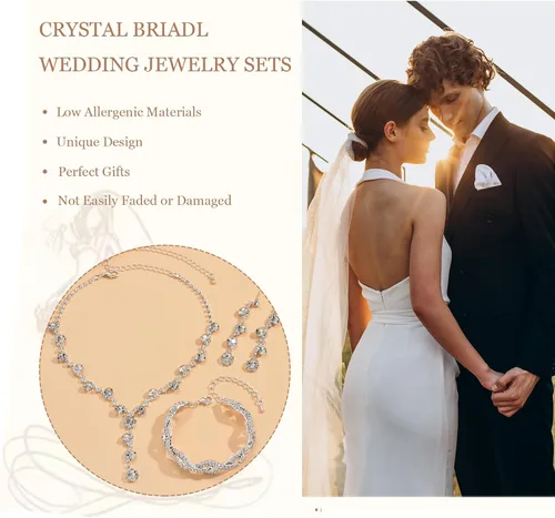 Vista 3 de HUASAI Juego de joyas de boda de plata para novias con circonita cúbica brillante, juego de joyas de graduación, disfraces, joyería formal, aretes