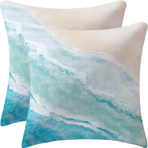 Vista 14 de Fundas de almohada azules con acuarela de playa, mar, océano, paisajes de naturaleza, funda de cojín cuadrada para sofá, cama, dormitorio