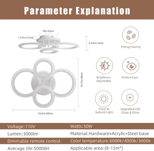 Vista 3 de Lámpara de techo moderna de montaje empotrado, regulable, 4 anillos, lámpara de cocina para sala de estar, dormitorio, lavandería, 3000-6000 K