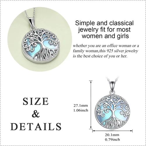 Vista 4 de Collar de árbol de la vida, collar con colgante de piedra de luna, plata de ley 925, regalo de joyería para mujeres, niñas y madres, Plata