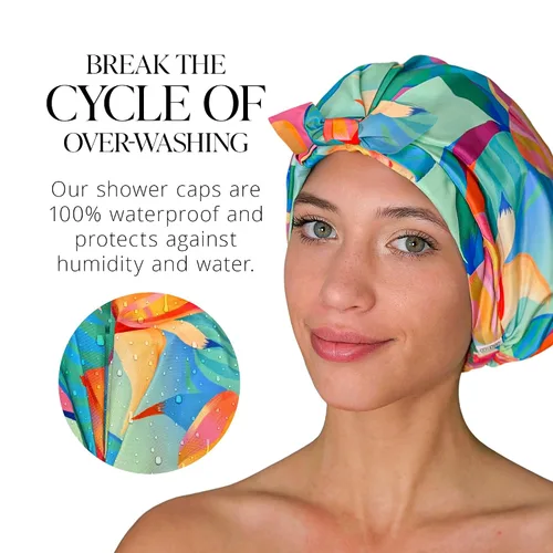Vista 6 de GRACE & COMPANY Gorro de ducha de lujo para mujer, 100% impermeable, reutilizable, lavable y transpirable, diseño de pájaros del paraíso
