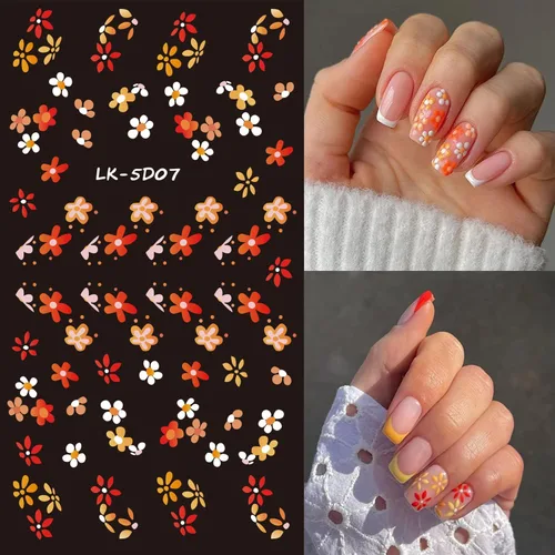 Vista 6 de Calcomanías de arte de uñas de flores 5D en relieve colorido diseño de margaritas calcomanías de uñas autoadhesivas suministros de arte de uñas