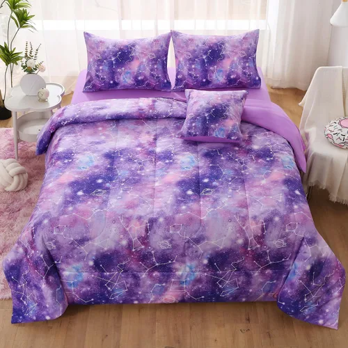 Vista 15 de JQinHome Juego de edredón con purpurina, tamaño individual, juego de ropa de cama en una bolsa de 6 piezas en 3D colorido degradado para niñas