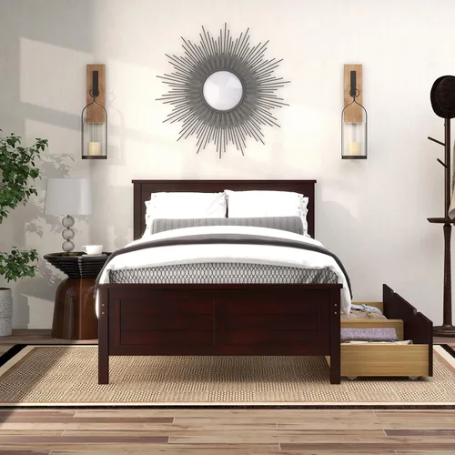 Vista 8 de GOFLAME - Base de cama tamaño individual con 2 cajones, base de plataforma con cabecera y estribo de madera maciza, listones de madera para soporte