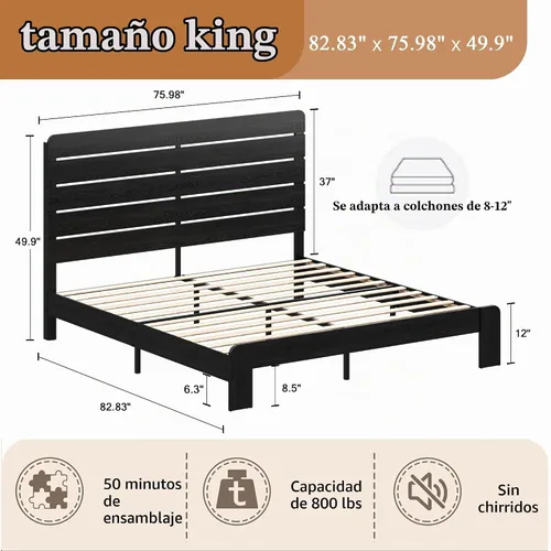 Vista 2 de Marco de cama de madera tamaño King con cabecera, base de cama de plataforma estilo granja rústica con soporte de listones de madera, resistente