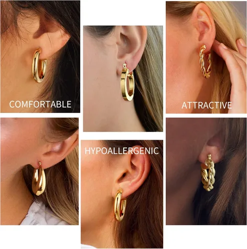 Vista 2 de Juego de aretes de aro gruesos chapados en oro real de 14 quilates para mujer, hipoalergénicos, gruesos, ligeros, para mujer, 20253040502.362in