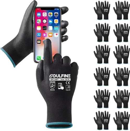Vista 27 de DULFINE Guantes de trabajo ultrafinos con revestimiento de PU - 12 pares, excelente agarre, carcasa de nylon guantes de trabajo de seguridad