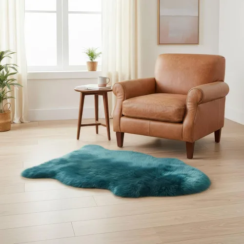 Vista 5 de Alfombra de Piel de Oveja Genuina Azul Playa de 2x3 pies, Alfombra de Acento de Piel Real Suave de Una Sola Piel para Silla, Funda de Asiento
