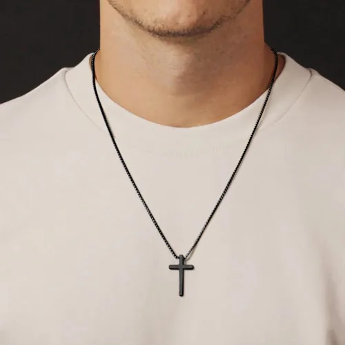Vista 2 de Collar con dije de cruz de acero inoxidable para hombre, cadena de 16 a 30pulgadas, dorada, plateada, negra