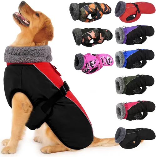 Vista 19 de IECOii - Abrigo extracálido para perro, chaqueta reflectante ajustable, invernal, suave, cuello alto, hebilla, forro de vellón, para clima frío