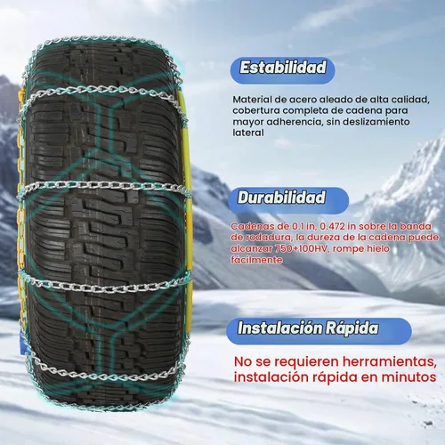 Vista 4 de Cadenas de nieve para automóviles, 2 x 12 mm, instalación rápida de 30 segundos de cadenas de neumáticos con tensor automático, cadena de tracción