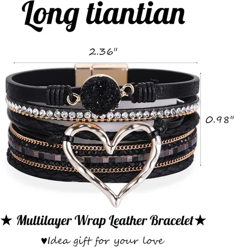 Vista 2 de Long tiantian Pulsera de cuero multicapa con corazón moderno bohemio con cierre magnético y diamantes de imitación para mujer, Cobre, otro